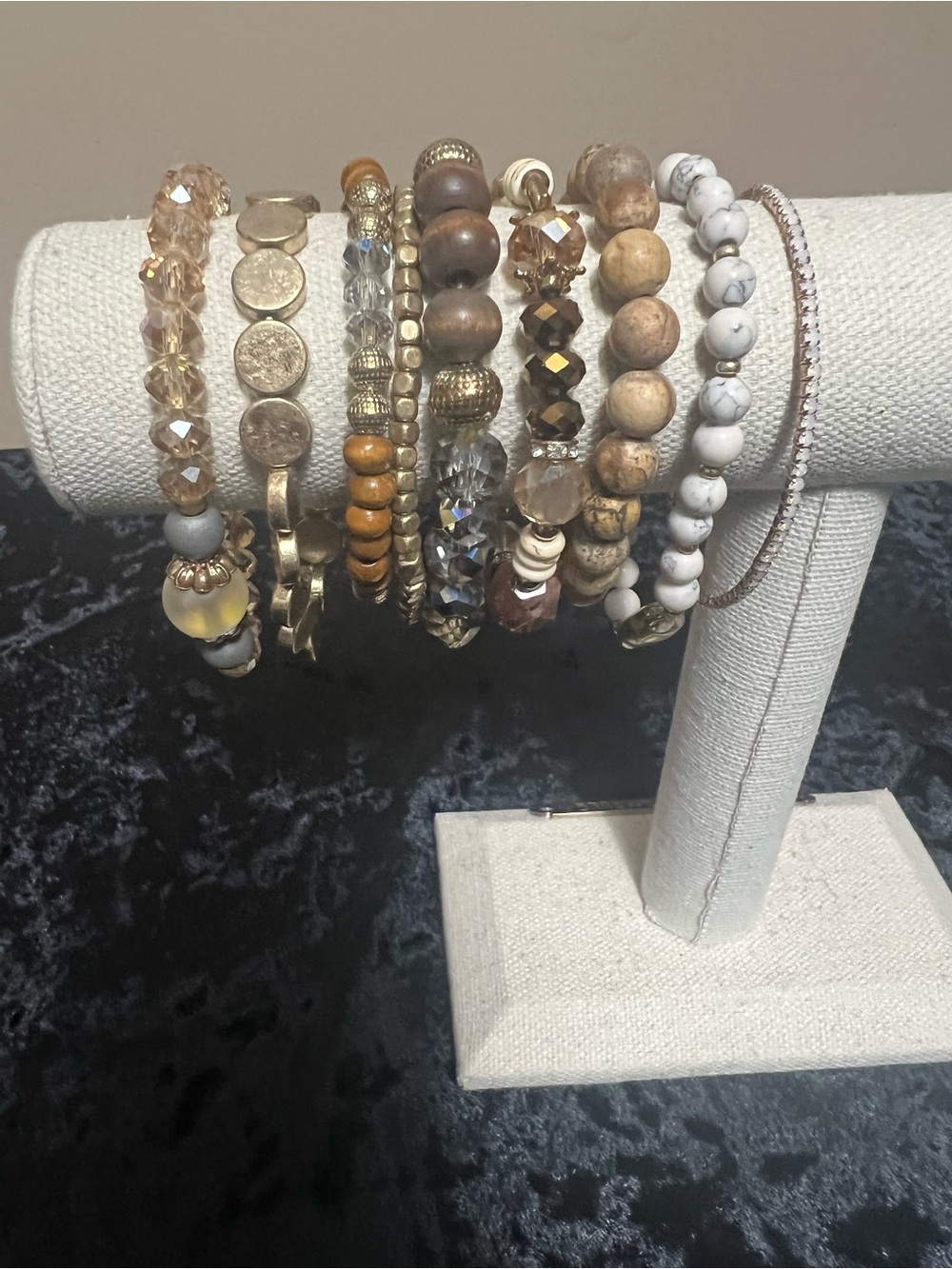 Neutral Mixed-Bead Stackable Bracelet Set - White, Gold, Brown